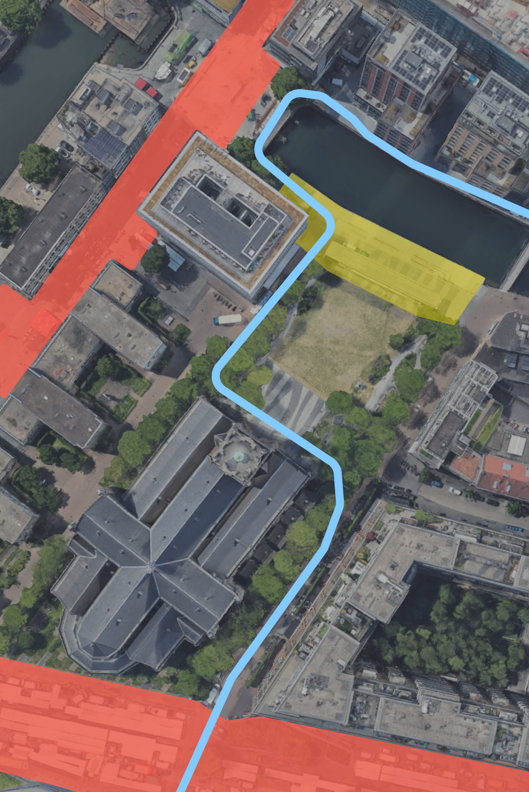 Sattelietfoto, drukke zones zijn gemarkeerd.